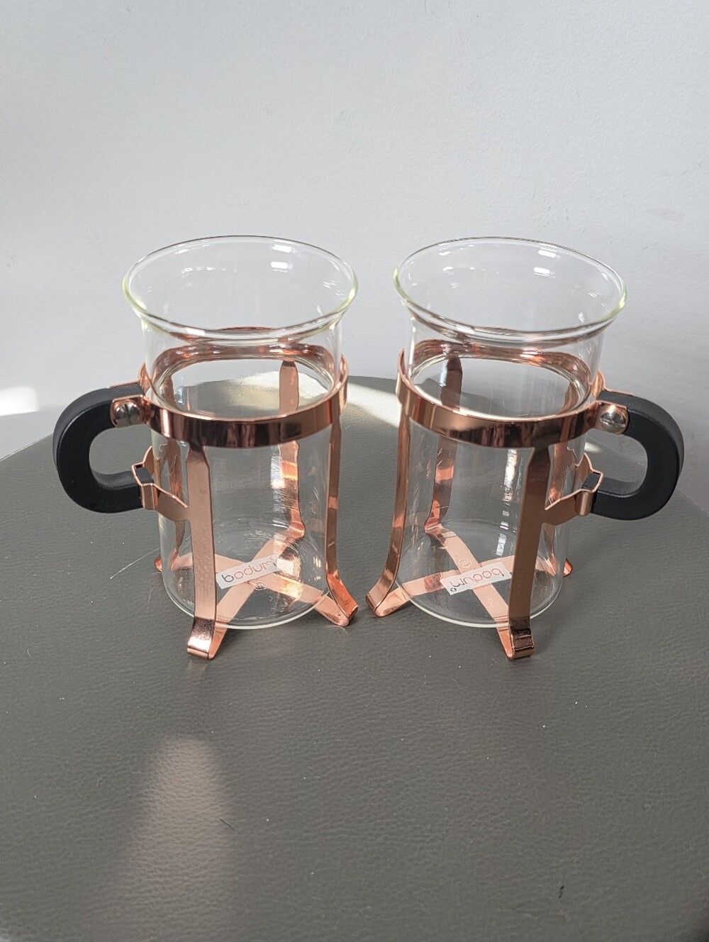 Bodum Copper Glass Coffee Tea Mugs Set Of 2 Rose Gold Metal Frame Clear Glass